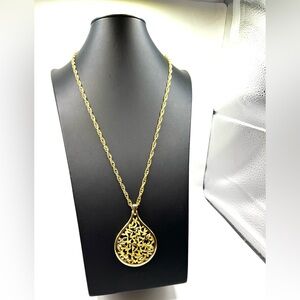 Elegant Gold Filigree Teardrop  Pendant Necklace And Rope Chain Large Oversized